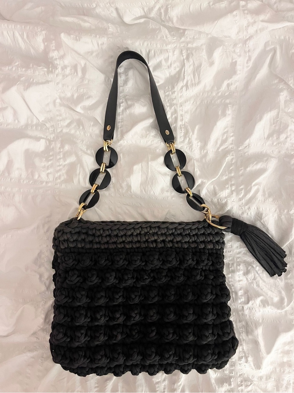 Handmade Black Crochet Shoulder Bag with Tassel